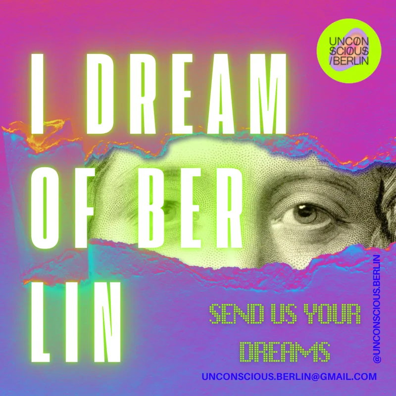 I Dream of Berlin: torn photographic eyes and an intense neon collage, with tall white lettering.